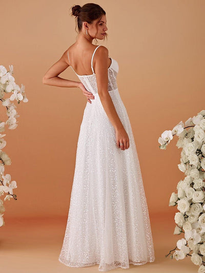 Spaghetti Strap Corset Sequin A-Line Evening Maxi Dress #color_White