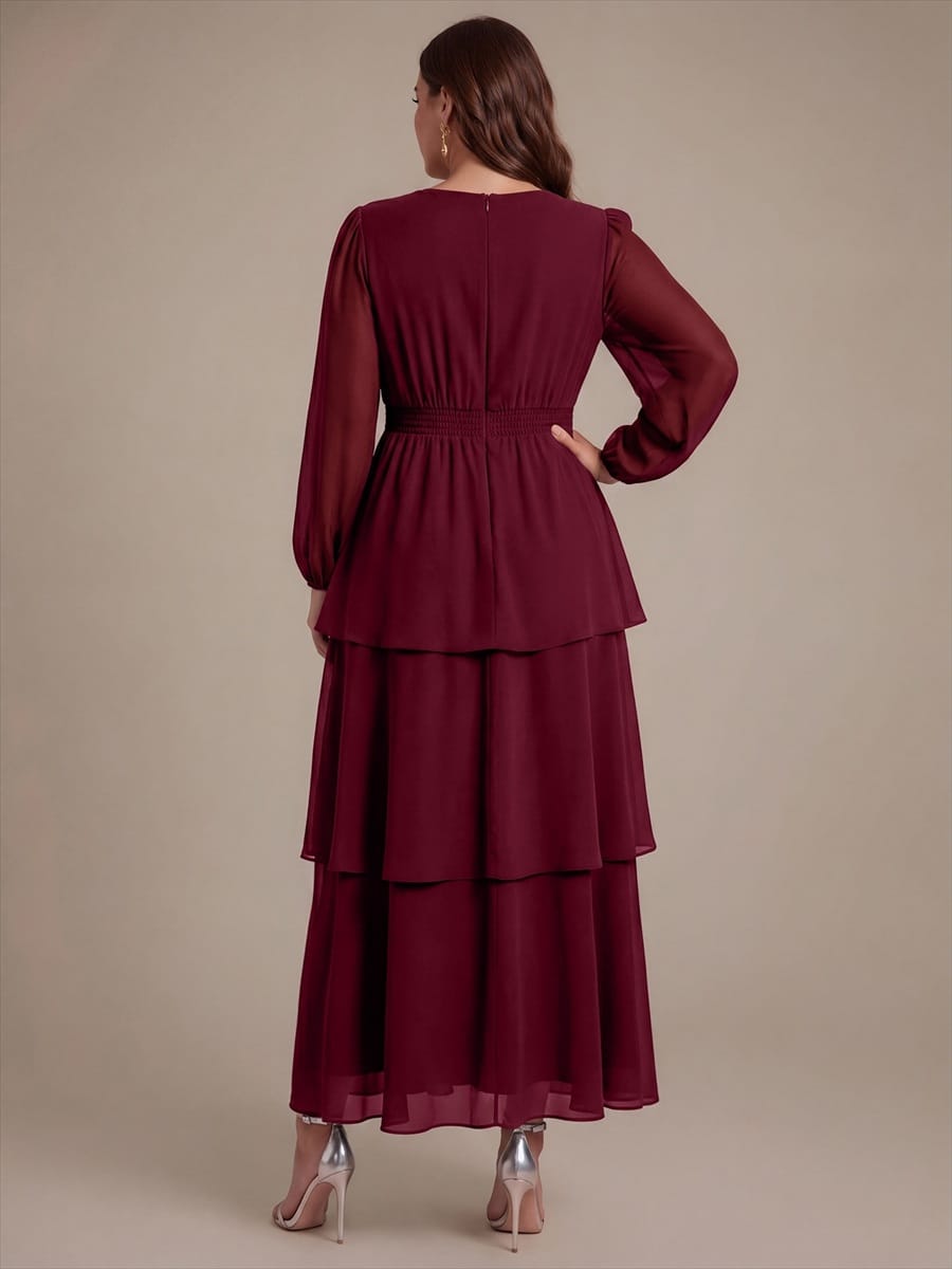 Chiffon Puff Sleeve A-line Dress #color_Burgundy