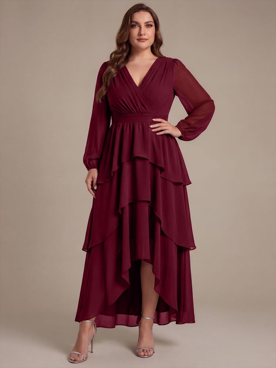 Chiffon Puff Sleeve A-line Dress #color_Burgundy