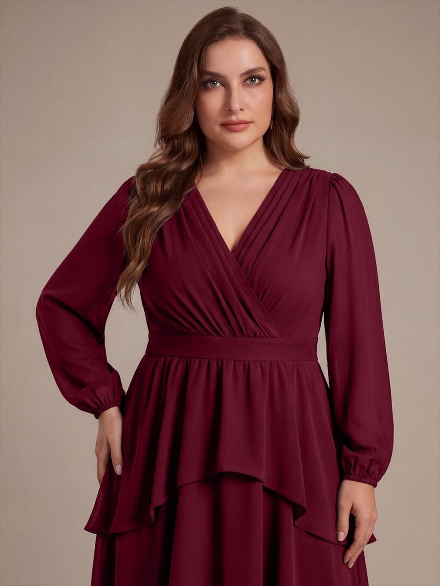 Chiffon Puff Sleeve A-line Dress #color_Burgundy