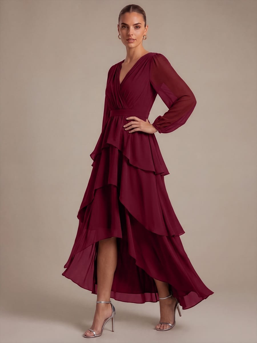 Chiffon Puff Sleeve A-line Dress #color_Burgundy