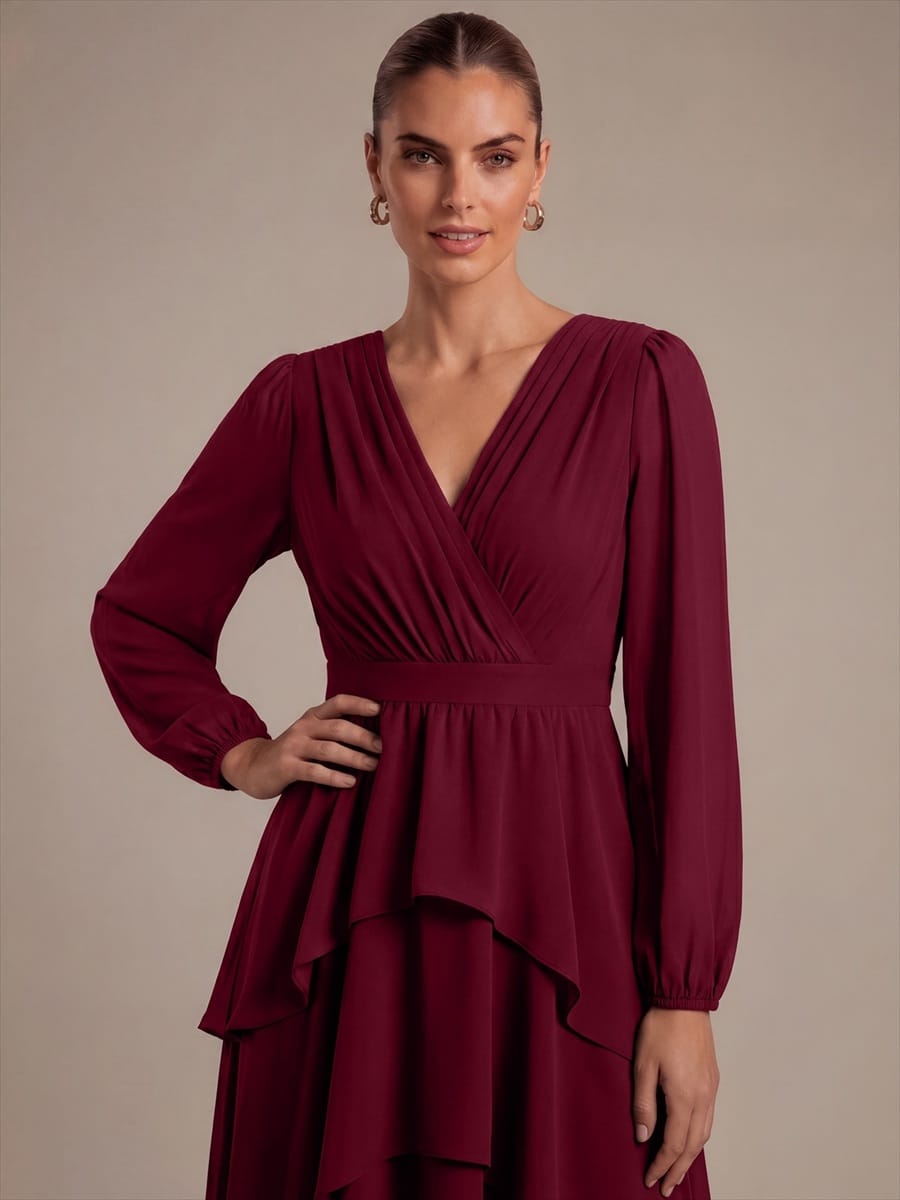 Chiffon Puff Sleeve A-line Dress #color_Burgundy