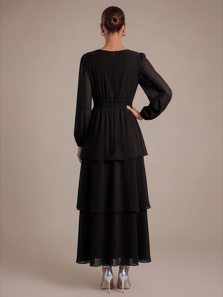 Chiffon Puff Sleeve A-line Dress #color_Black