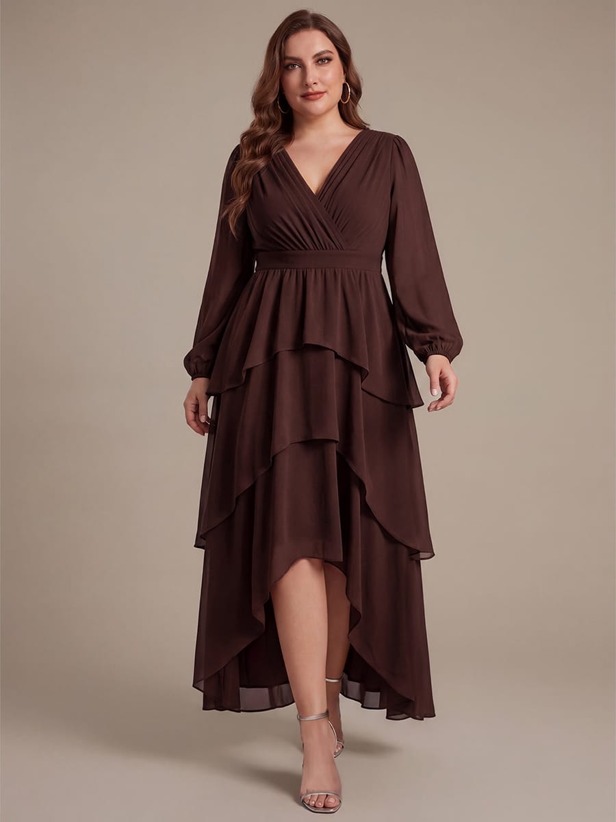 Chiffon Puff Sleeve A-line Dress #color_Chocolate Brown