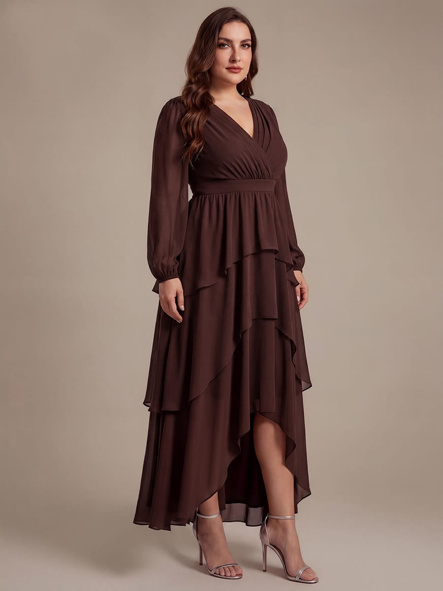 Chiffon Puff Sleeve A-line Dress #color_Chocolate Brown
