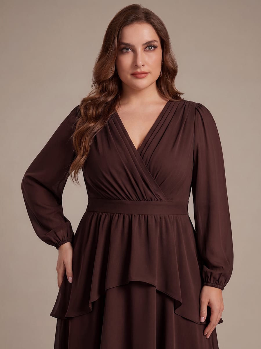Chiffon Puff Sleeve A-line Dress #color_Chocolate Brown