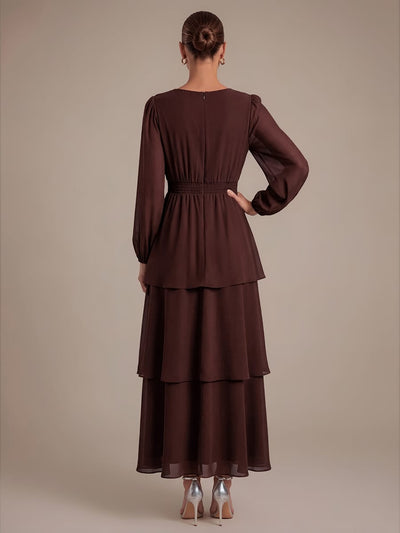 Chiffon Puff Sleeve A-line Dress #color_Chocolate Brown