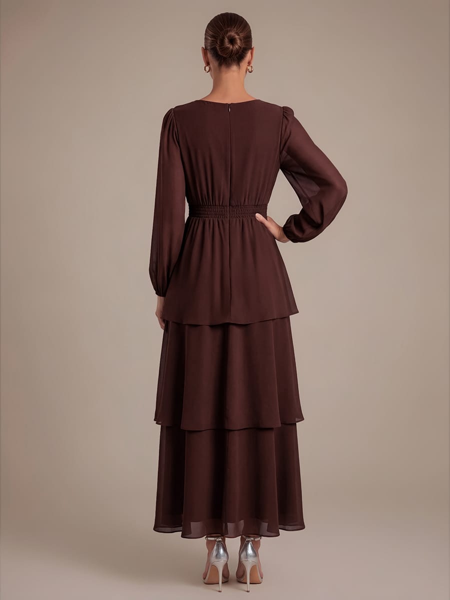 Chiffon Puff Sleeve A-line Dress #color_Chocolate Brown