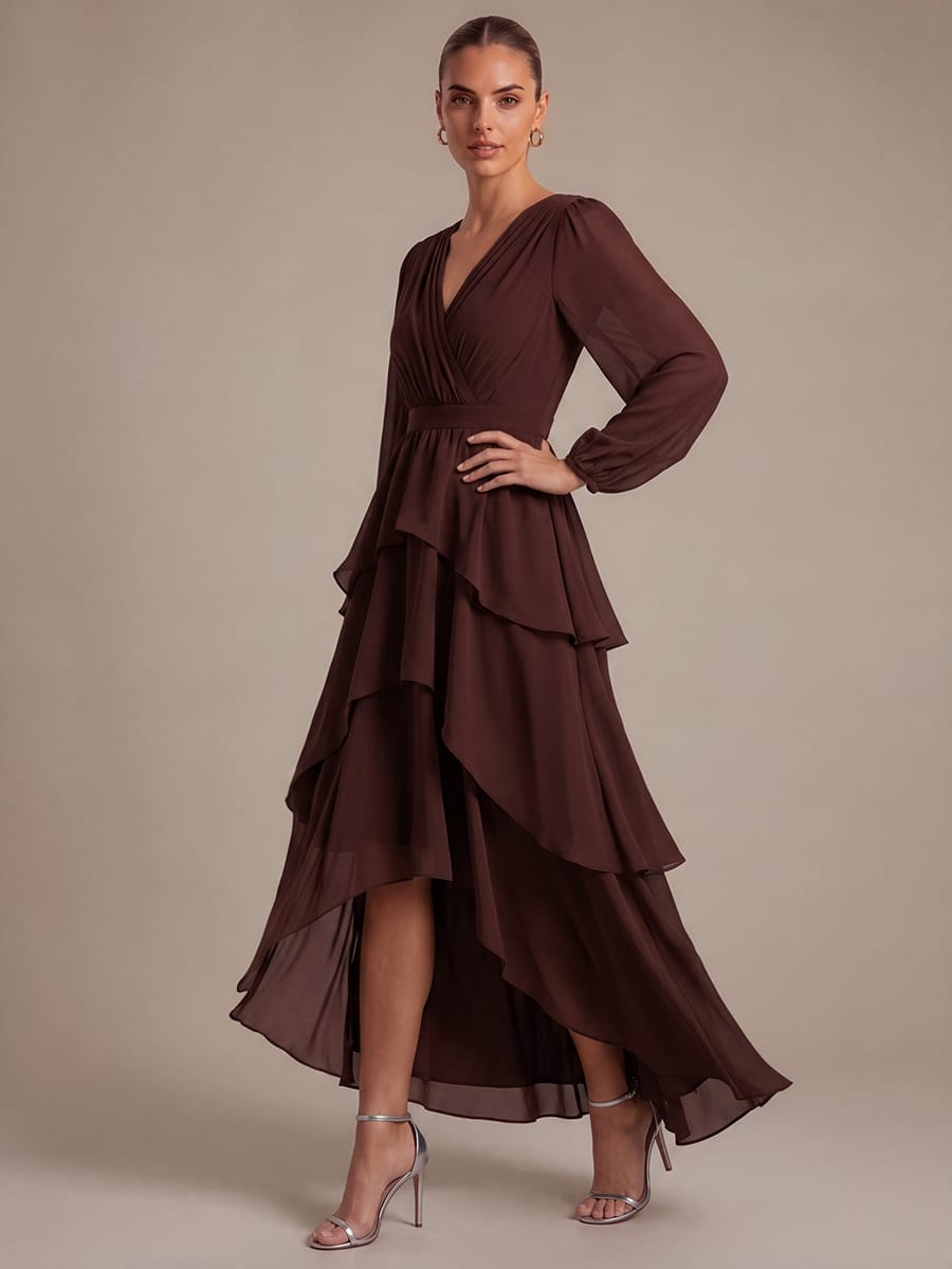Chiffon Puff Sleeve A-line Dress #color_Chocolate Brown