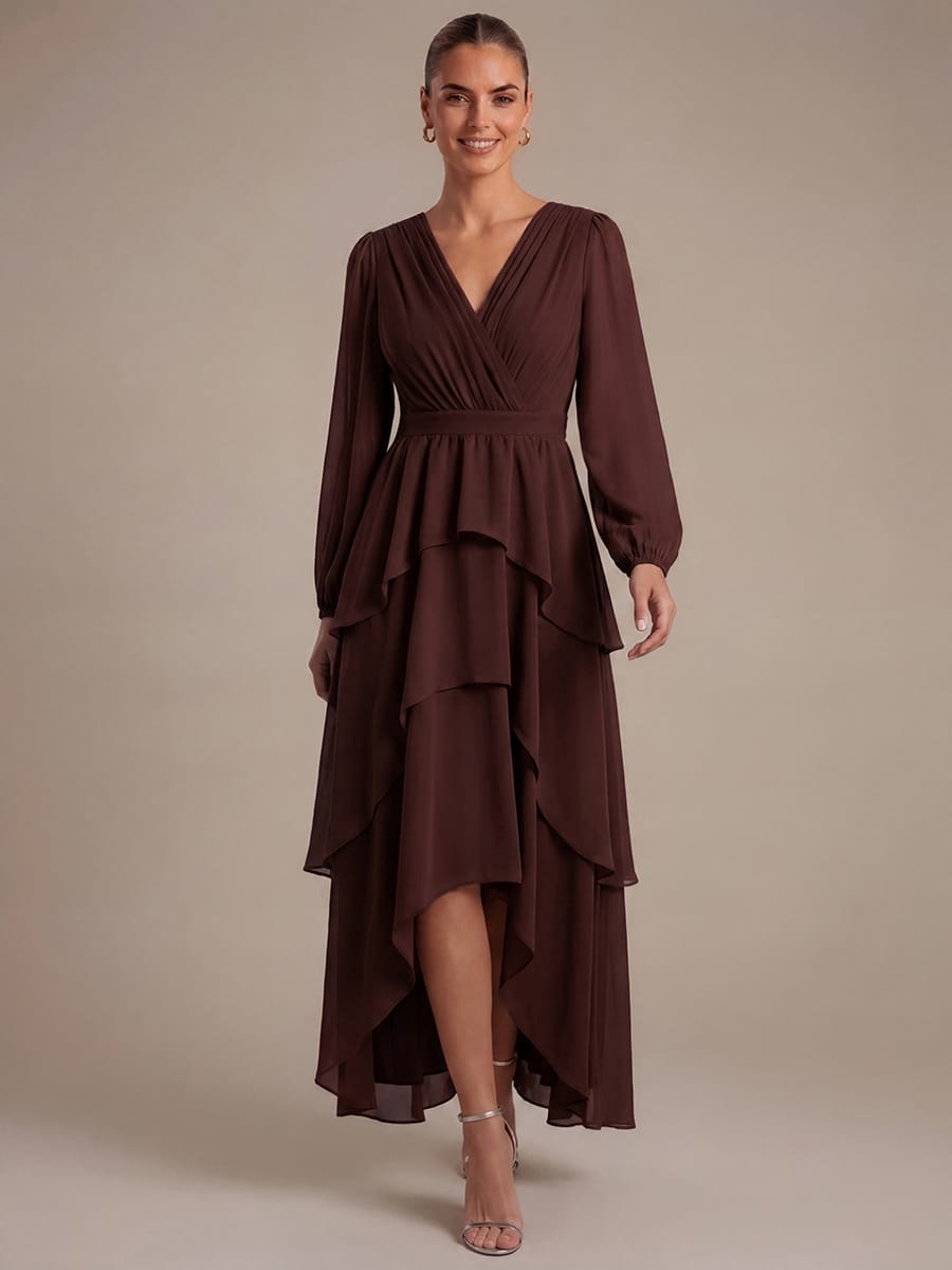 Chiffon Puff Sleeve A-line Dress #color_Chocolate Brown