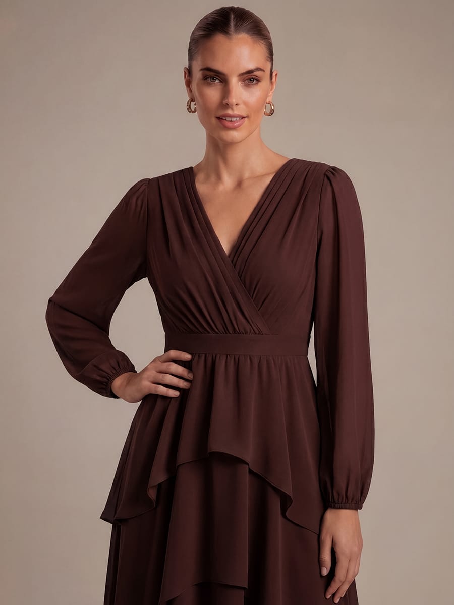 Chiffon Puff Sleeve A-line Dress #color_Chocolate Brown