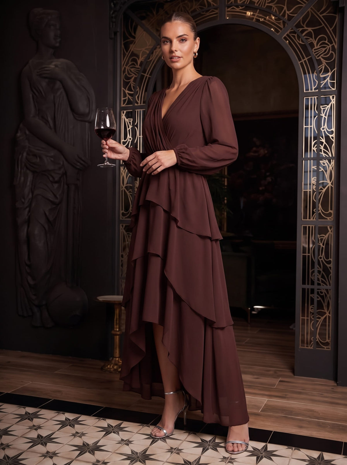 Chiffon Puff Sleeve A-line Dress #color_Chocolate Brown