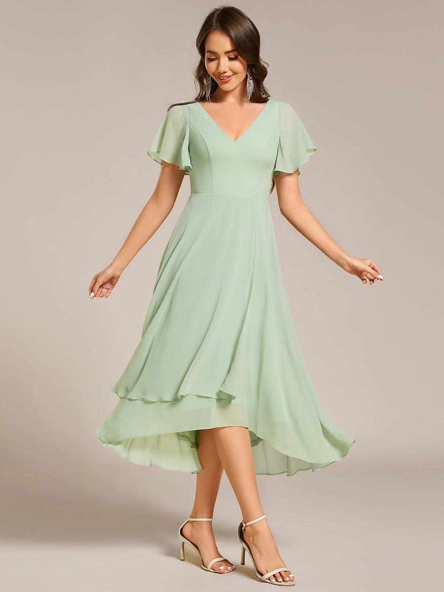 High Low Chiffon Wedding Guest Dress with V-Neck and Ruffle Sleeves #Color_Mint Green
