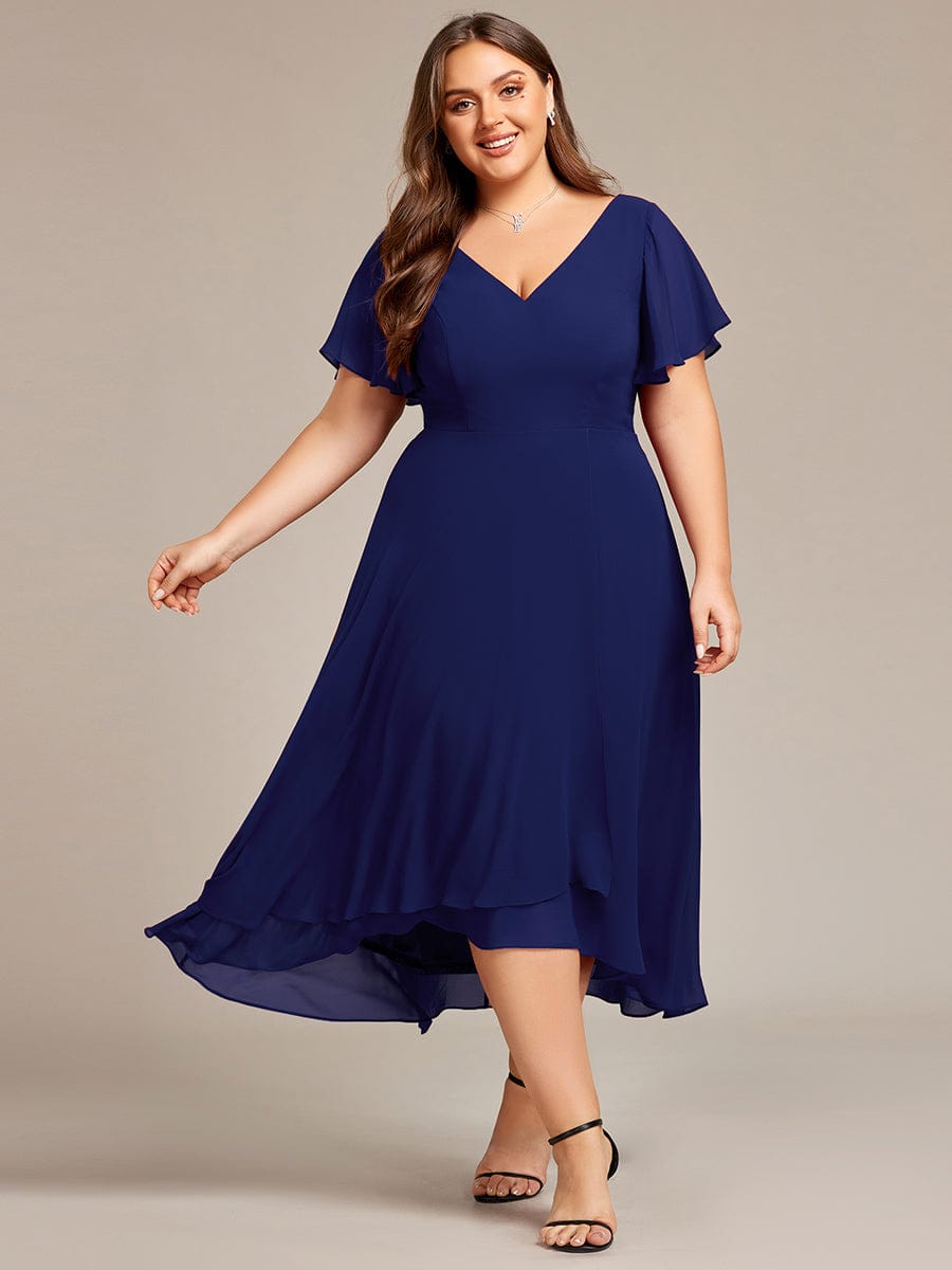 High Low Chiffon Wedding Guest Dress with V-Neck and Ruffle Sleeves #Color_Navy Blue