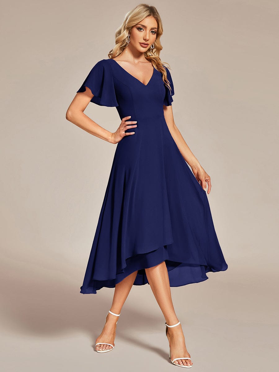 High Low Chiffon Wedding Guest Dress with V-Neck and Ruffle Sleeves #Color_Navy Blue