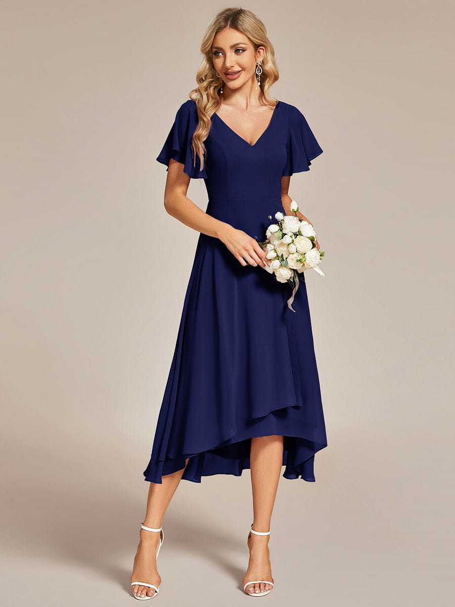 High Low Chiffon Wedding Guest Dress with V-Neck and Ruffle Sleeves #Color_Navy Blue
