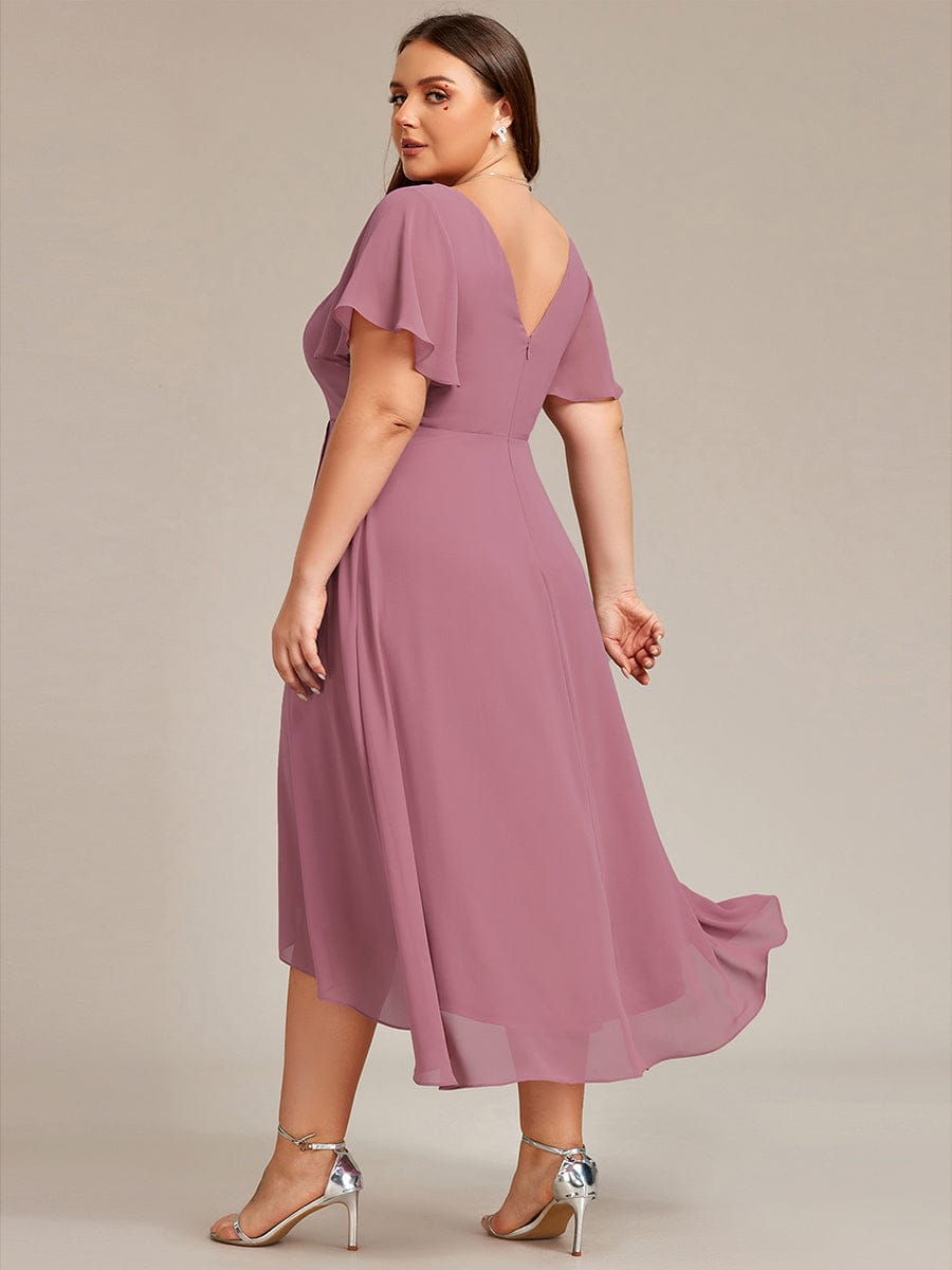 High Low Chiffon Wedding Guest Dress with V-Neck and Ruffle Sleeves #Color_Purple Orchid