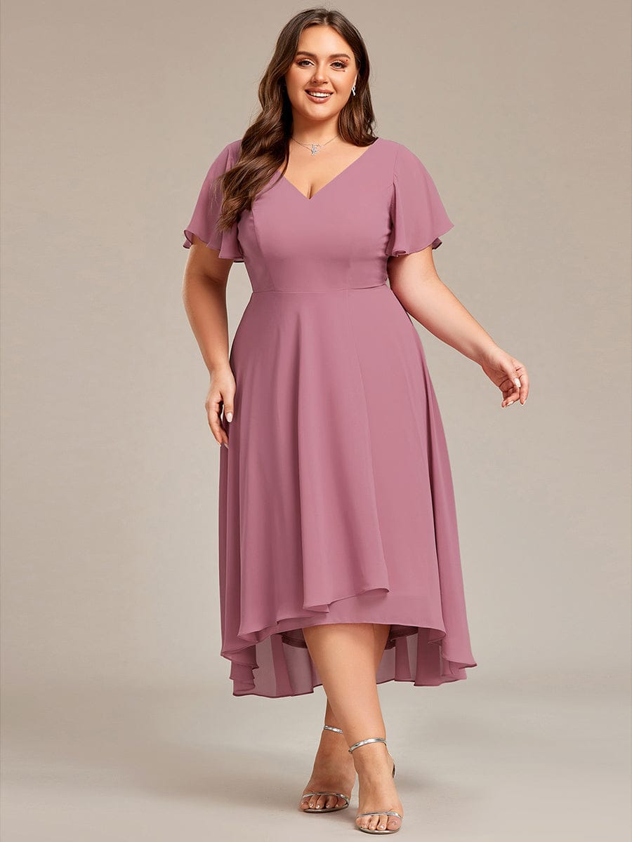 High Low Chiffon Wedding Guest Dress with V-Neck and Ruffle Sleeves #Color_Purple Orchid
