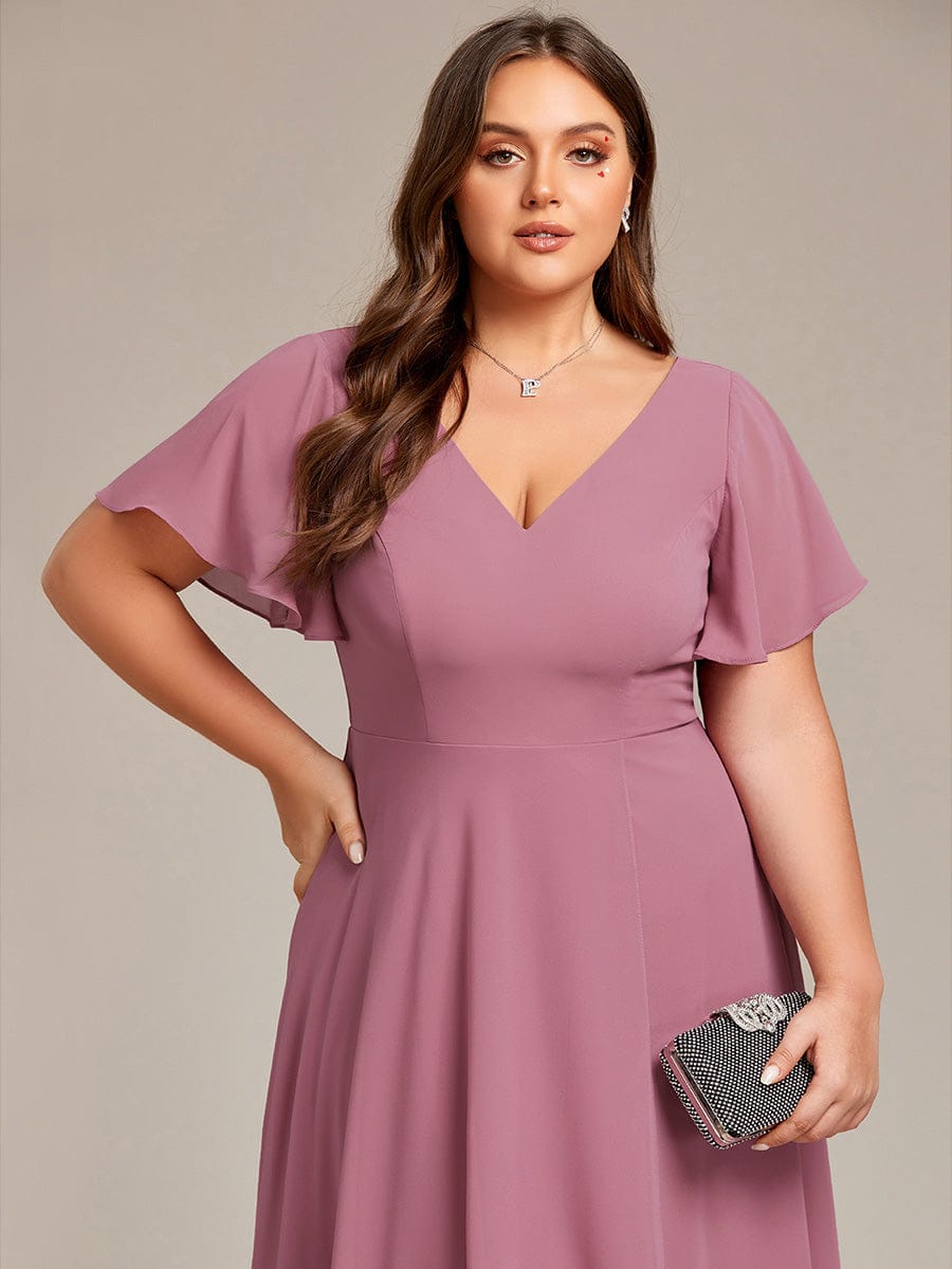 High Low Chiffon Wedding Guest Dress with V-Neck and Ruffle Sleeves #Color_Purple Orchid