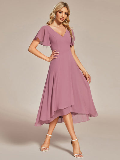 High Low Chiffon Wedding Guest Dress with V-Neck and Ruffle Sleeves #Color_Purple Orchid