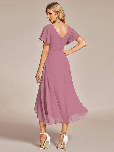 High Low Chiffon Wedding Guest Dress with V-Neck and Ruffle Sleeves #Color_Purple Orchid