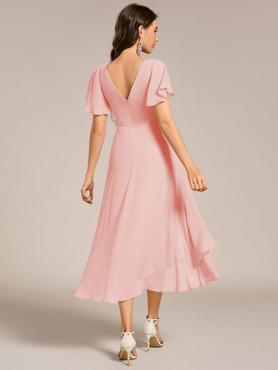 ever AALIA|High Low Chiffon Dress with V-Neck and Ruffle Sleeves
