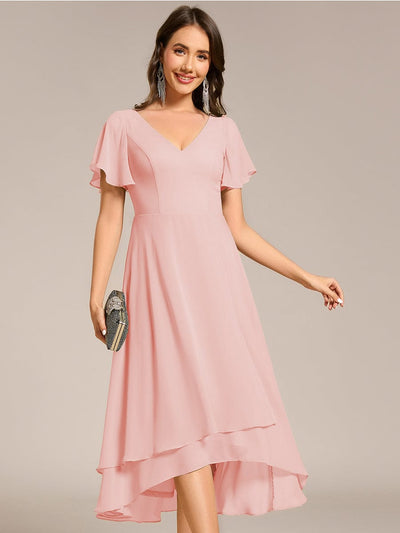 ever AALIA|High Low Chiffon Dress with V-Neck and Ruffle Sleeves