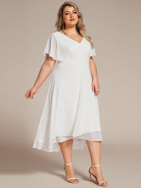 Plus Size High Low Chiffon Wedding Guest Dress with V-Neck and Ruffle Sleeves