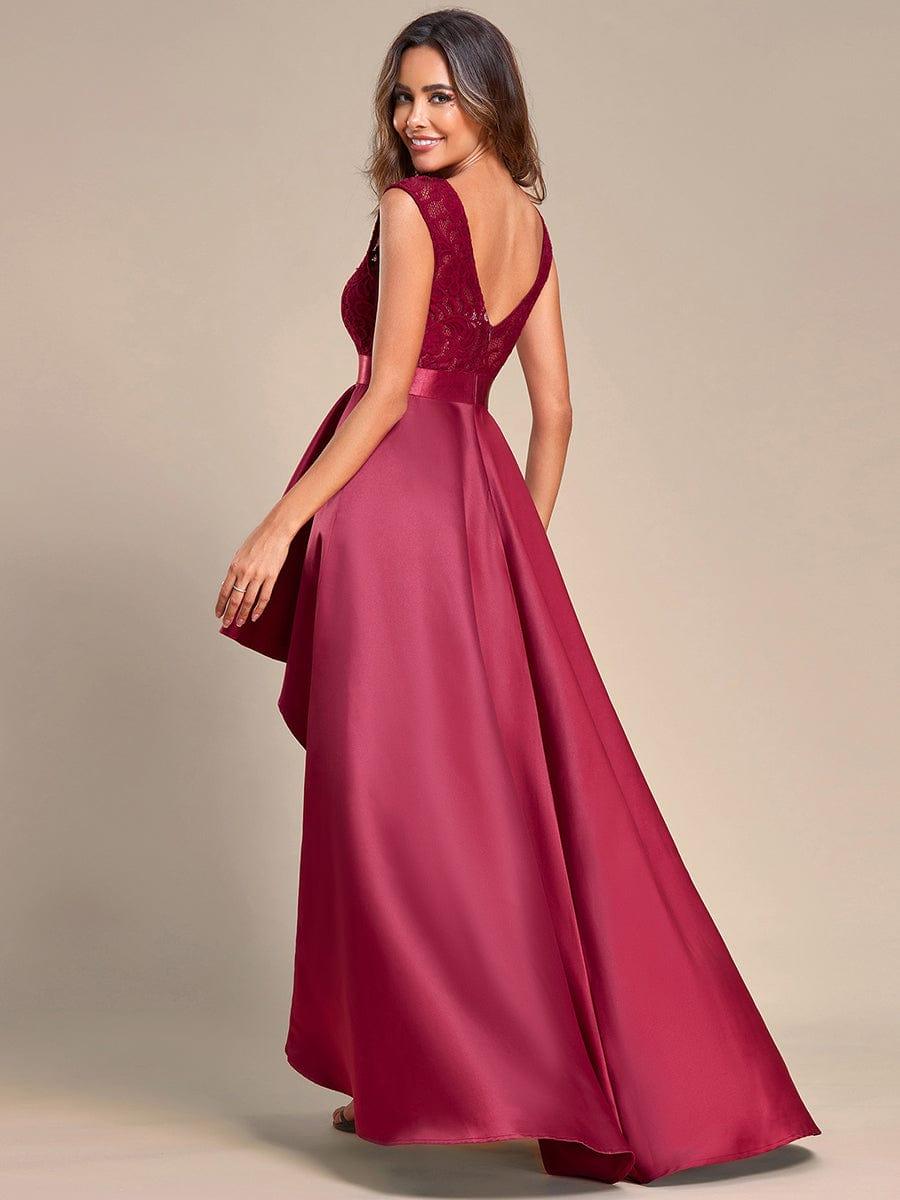 Elegant Sleeveless High-low Lace Top Wedding Guest Dress #color_Burgundy