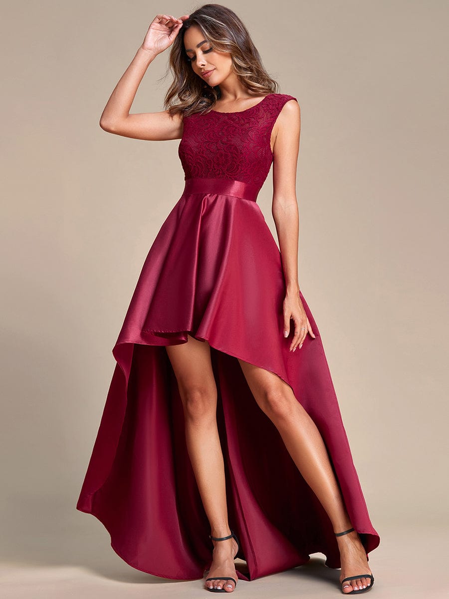 Elegant Sleeveless High-low Lace Top Wedding Guest Dress #color_Burgundy