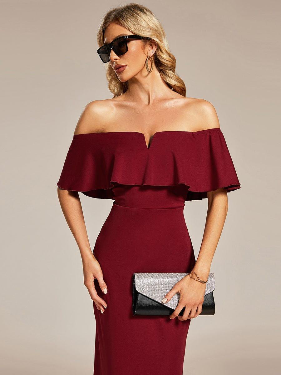 Off The Shoulder Bodycon Tea Length Wedding Guest Dress #color_Burgundy