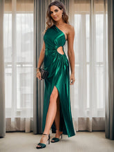Elegant One Shoulder Cut Out High Split Satin Wedding Guest Dress #color_Dark Green