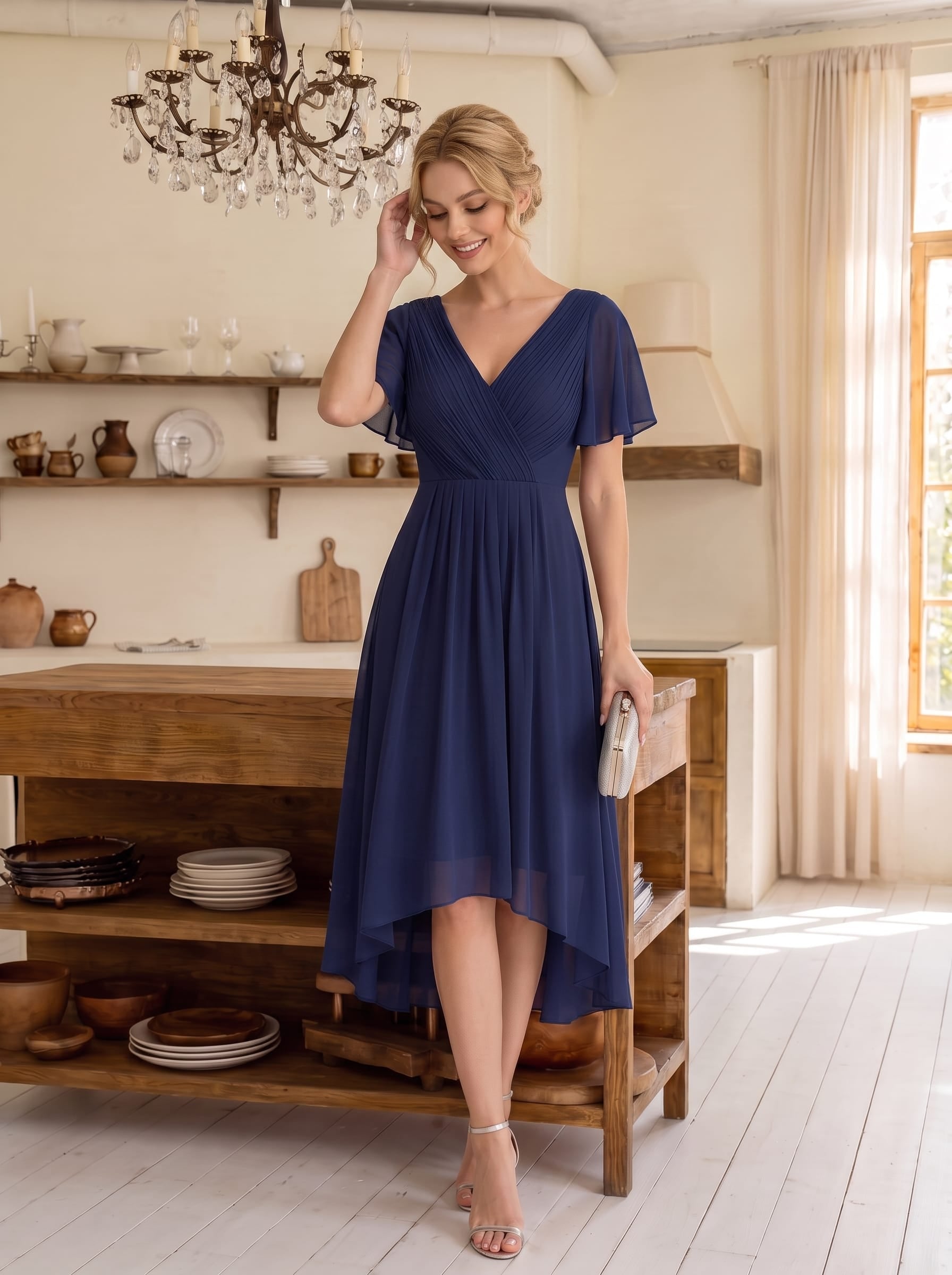 Chic V Neck High-Low Wedding Guest Dress #color_Navy Blue