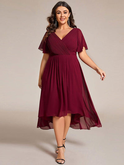 Plus Size V-Neck High-Low Chiffon Wedding Guest Dress #color_Burgundy