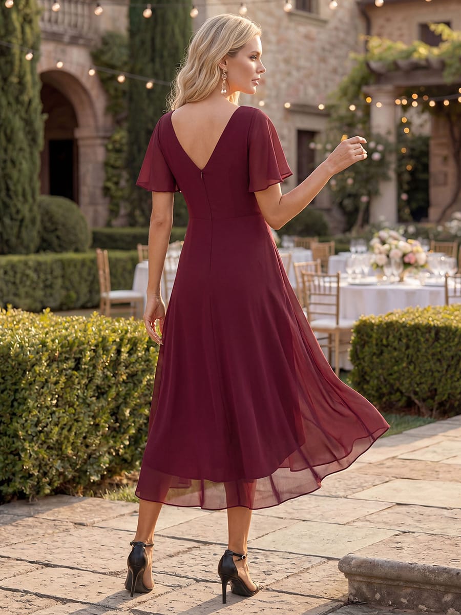 Chic V Neck High-Low Evening Dress #color_Burgundy