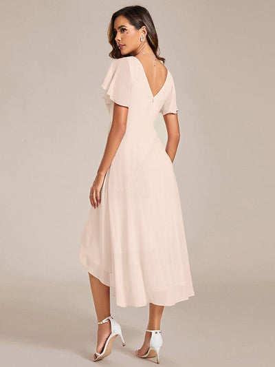 ever FAYE|Chic V Neck High-Low Short Sleeve Wedding Guest Dress #color_Blush