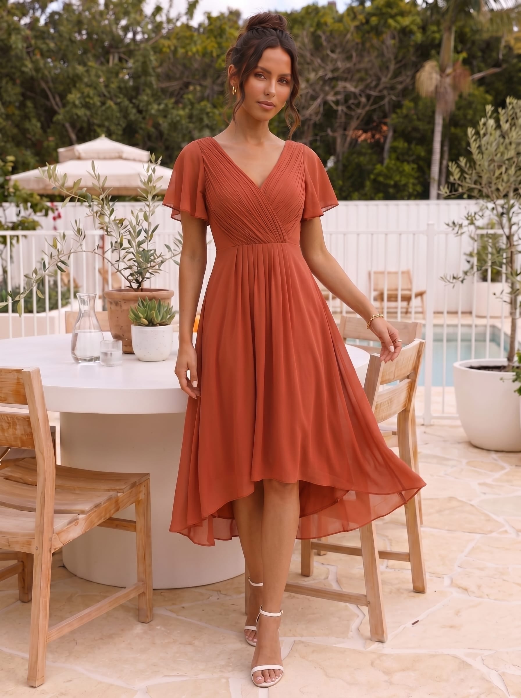 Chic V Neck High-Low Wedding Guest Dress #color_Burnt Orange