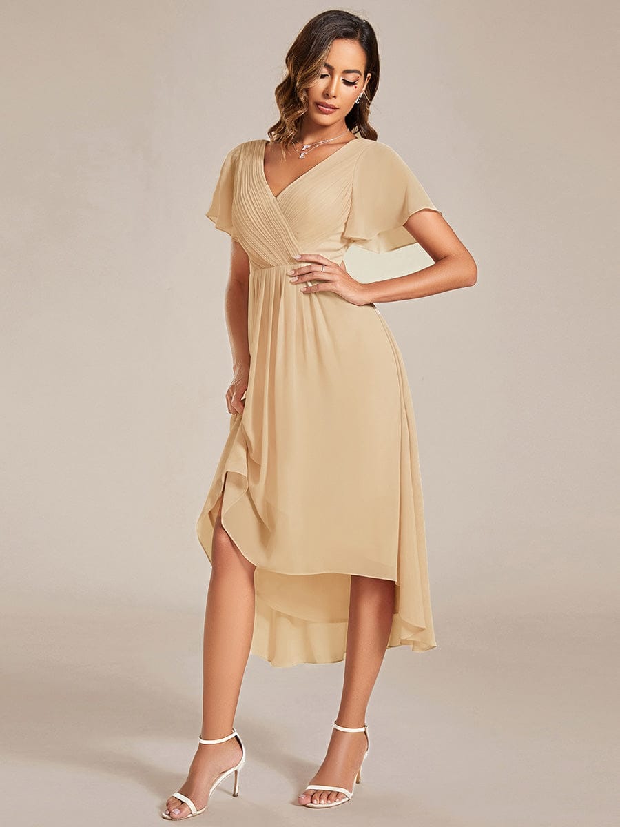 Chic V Neck High-Low Wedding Guest Dress #color_Champagne