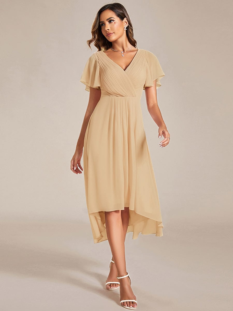 Chic V Neck High-Low Wedding Guest Dress #color_Champagne