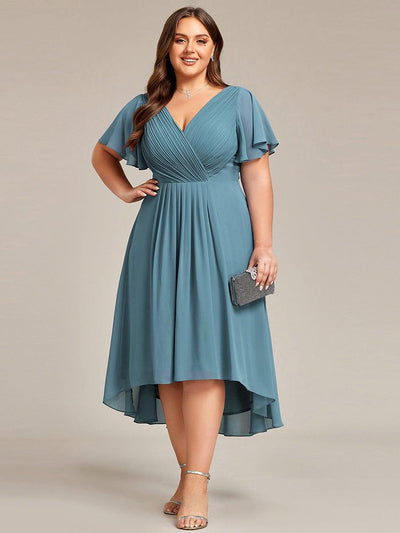 Plus Size V-Neck High-Low Chiffon Wedding Guest Dress #color_Light Teal