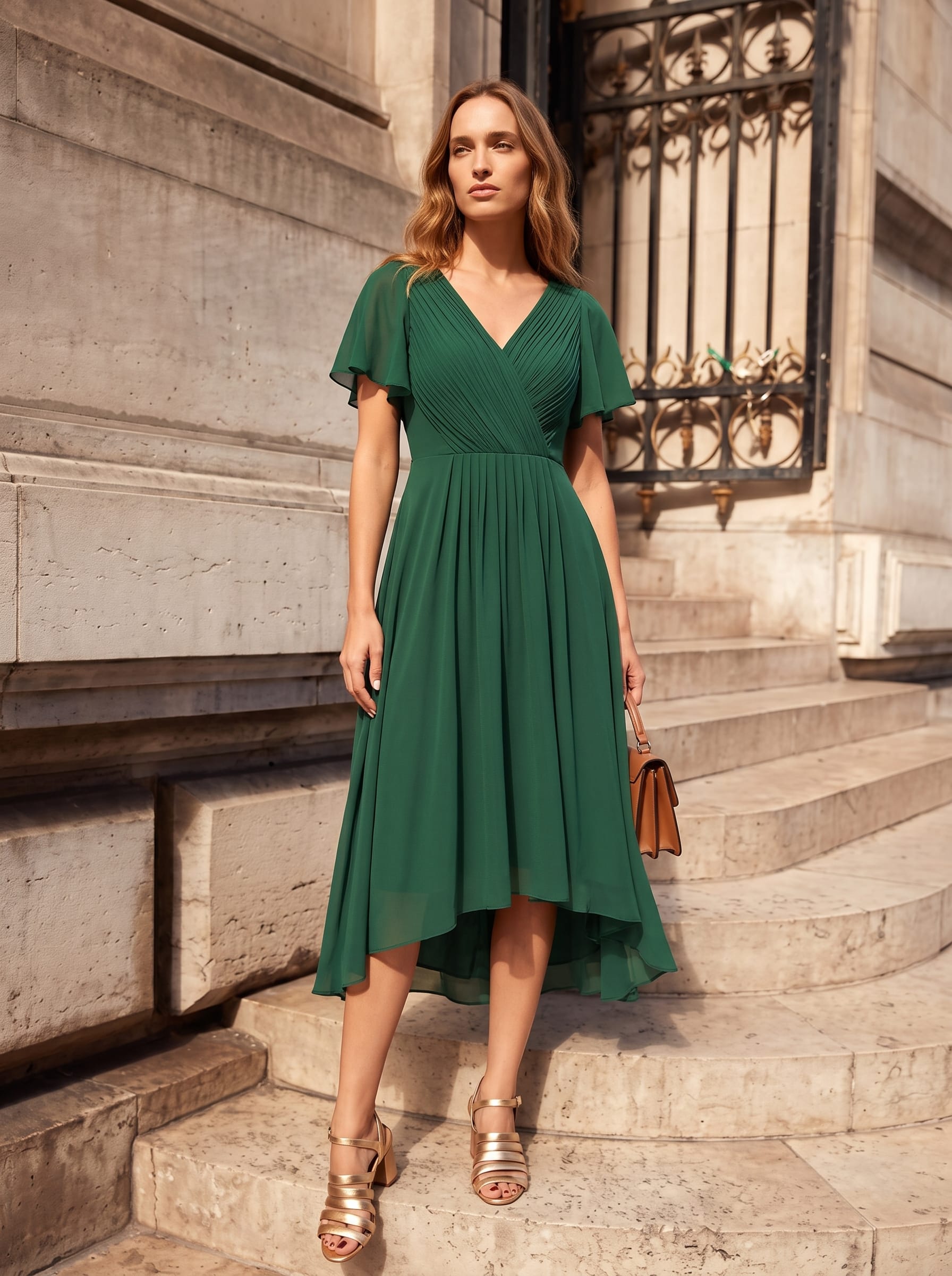 Chic V Neck High-Low Wedding Guest Dress #color_Dark Green