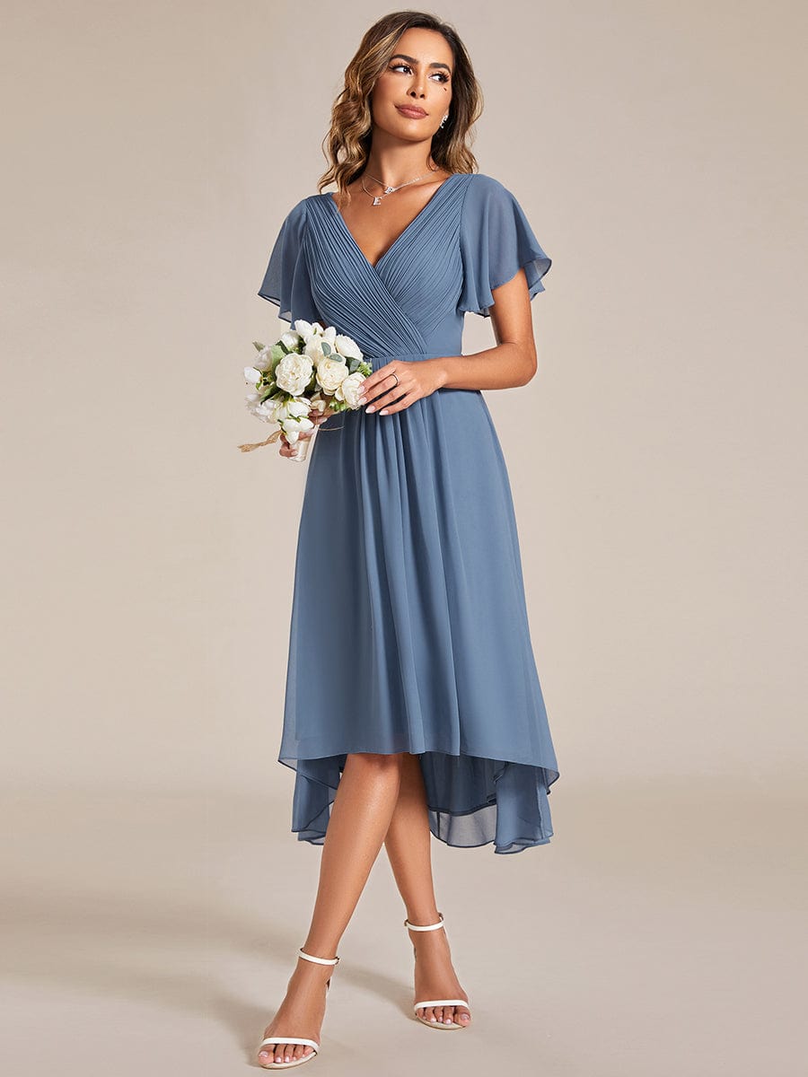Custom Size Chic V Neck High-Low Wedding Guest Dress #color_Dusty Navy