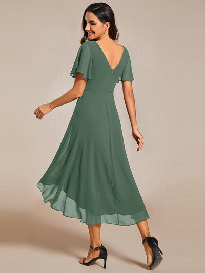 Chic V Neck High-Low Wedding Guest Dress #color_Eucalyptus Green