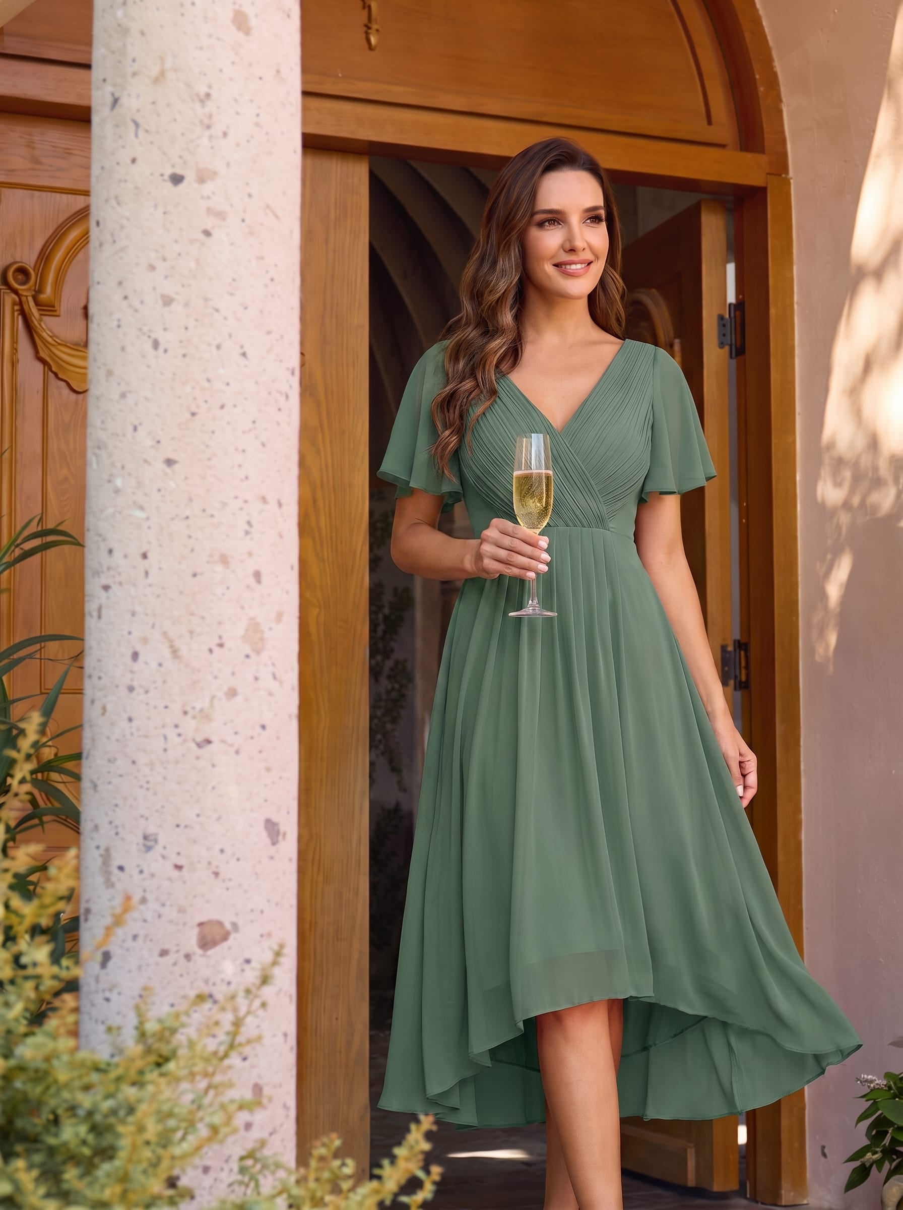 Chic V Neck High-Low Wedding Guest Dress #color_Eucalyptus Green