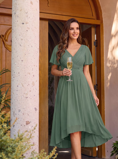 ever FAYE|Chic V Neck High-Low Wedding Guest Dress