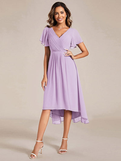 Chic V Neck High-Low Wedding Guest Dress #color_Frosted Lilac