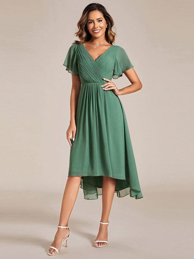 ever FAYE|Chic V Neck High-Low Short Sleeve Wedding Guest Dress