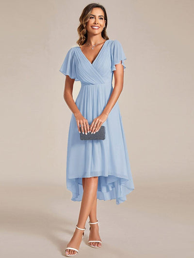 ever FAYE|Chic V Neck High-Low Short Sleeve Wedding Guest Dress #color_Ice Blue