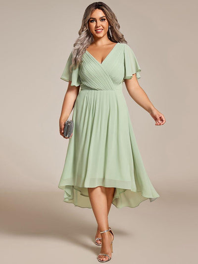 Plus Size V-Neck High-Low Chiffon Wedding Guest Dress #color_Mint Green