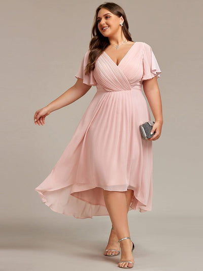 Plus Size V-Neck High-Low Chiffon Wedding Guest Dress #color_Pink